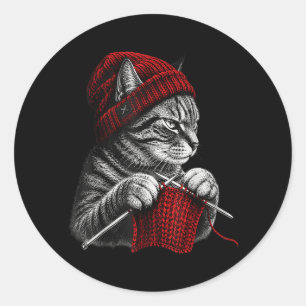 Vintage Knitting Cat Crochet Yarn Lover Cute Cat Classic Round Sticker