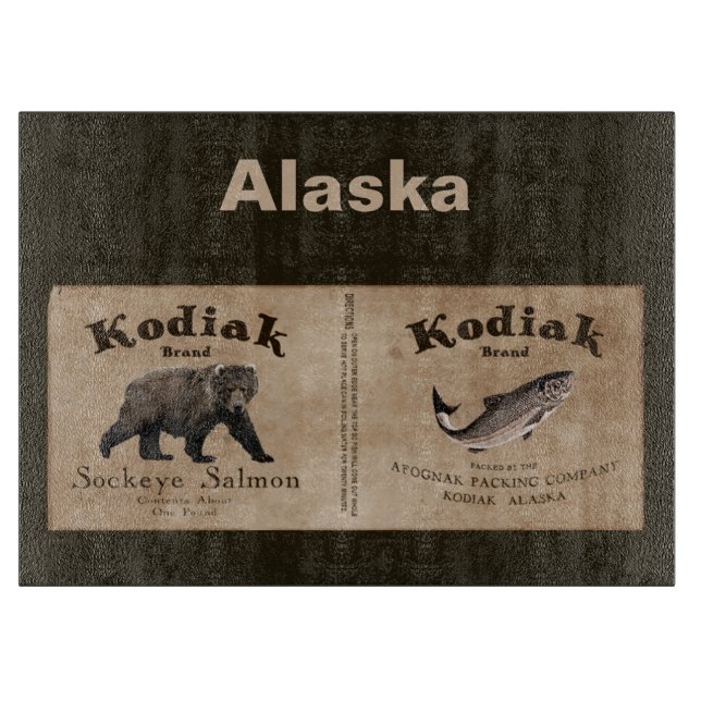 Vintage Kodiak Salmon Label Cutting Board (Front)