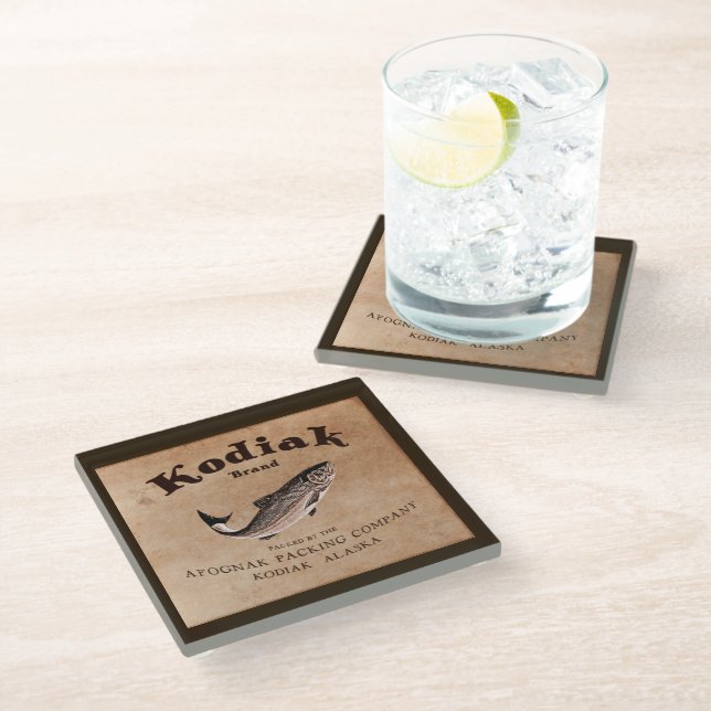 Vintage Kodiak Salmon Label Glass Coaster (Angled)