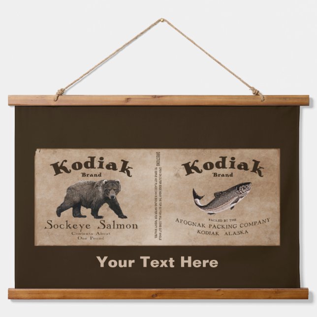 Vintage Kodiak Salmon Label Hanging Tapestry (Front)