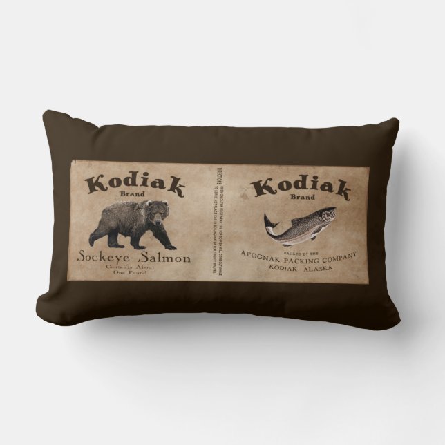Vintage Kodiak Salmon Label Lumbar Cushion (Front)