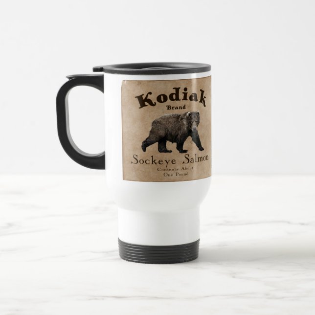 Vintage Kodiak Salmon Label Travel Mug (Left)