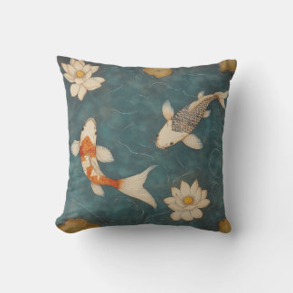 Vintage Koi Pond Throw Pillow with Lotus Flowers