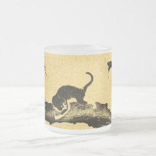 Vintage Korean Cat Art Frosted Glass Coffee Mug