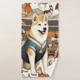 Vintage Korean Jindo Dog Seamless Illlustration Bath Towel