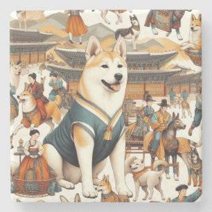 Vintage Korean Jindo Dog Seamless Illlustration Stone Coaster