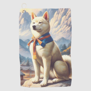 Vintage Korean Jindo Illustration Golf Towel