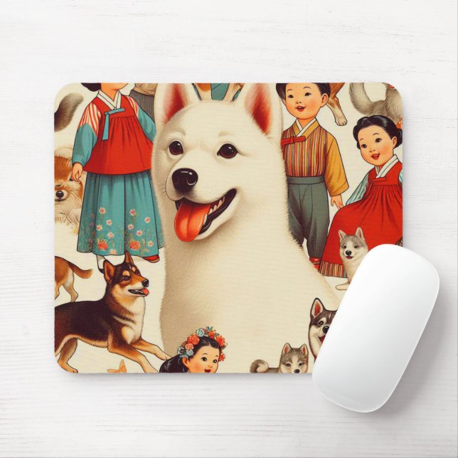 Vintage Korean Jindo Illustration Mouse Mat (With Mouse)