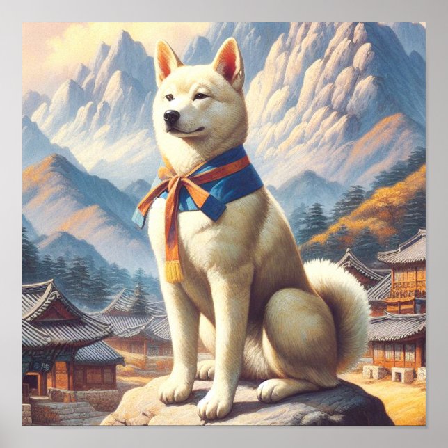 Vintage Korean Jindo Illustration Poster (Front)