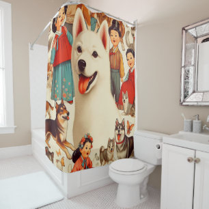 Vintage Korean Jindo Illustration Shower Curtain