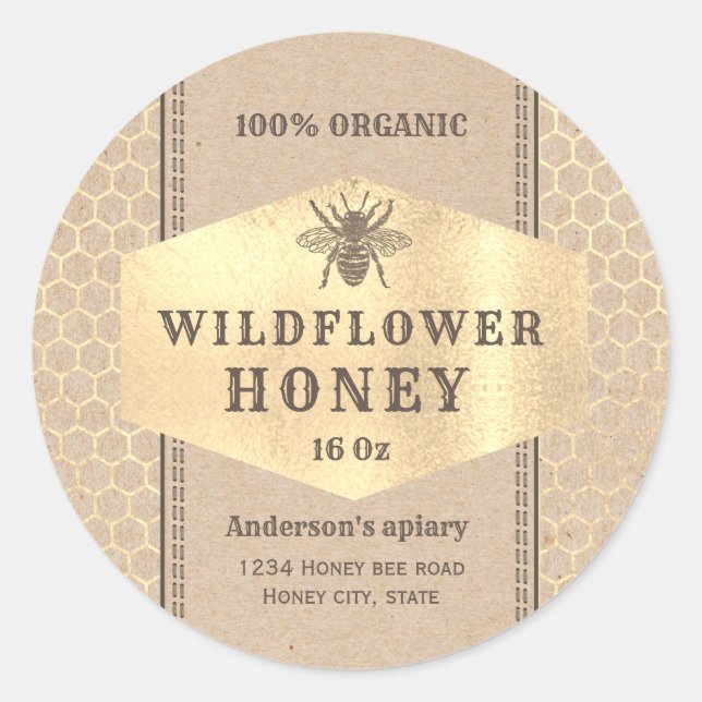 Vintage Kraft  gold honeybee honey jar label (Front)