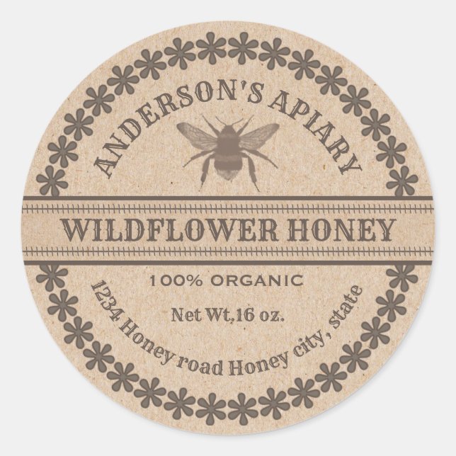 Vintage Kraft honeybee apiary honey jar label (Front)