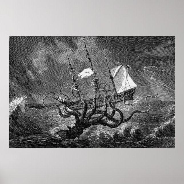 Vintage Kraken Giant Squid Sea Monster Ship Poster (Front)