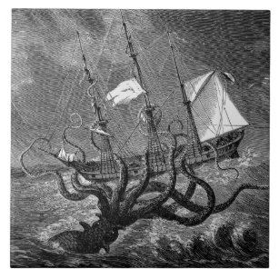 Vintage Kraken Giant Squid Sea Monster Ship Poster Tile