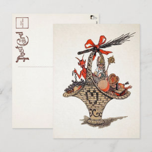 Vintage Krampus and Santa Gift Basket Postcard