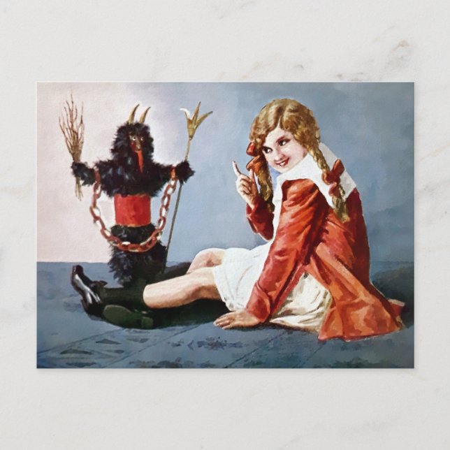 Vintage Krampus with Girl Christmas Postcard (Front)