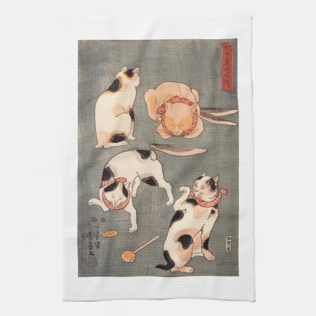Vintage Kuniyoshi Japanese Art Cat Poses Tea Towel (Vertical)