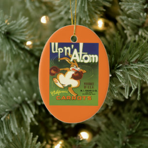 Vintage Label Art Boxing Rabbit, Up n Atom Carrots Ceramic Tree Decoration
