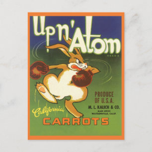 Vintage Label Art Boxing Rabbit, Up n Atom Carrots Postcard
