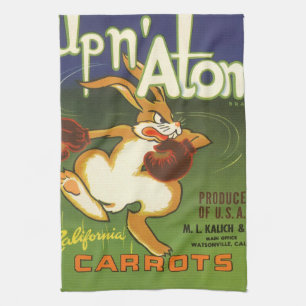 Vintage Label Art Boxing Rabbit, Up n Atom Carrots Tea Towel