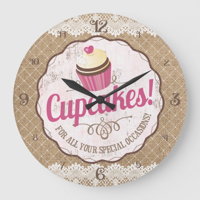 Vintage label burlap lace bakery kitchen clock (Front)