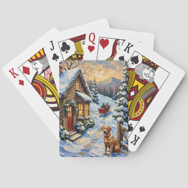 Vintage Labrador Retriever Christmas Cottage Playing Cards (Back)