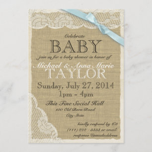 Vintage Lace and Bow Baby Shower Blue Invitation