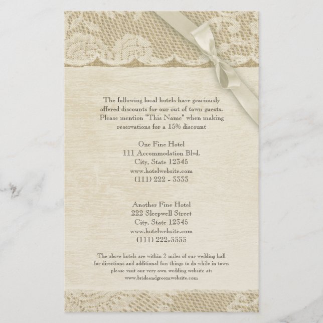 Vintage Lace and Burlap Information Page (Front)