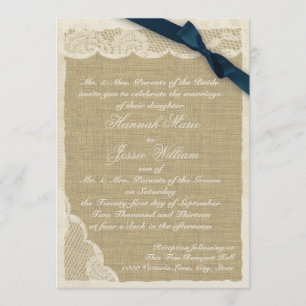Vintage Lace and Burlap Navy Blue Ribbon Invitation