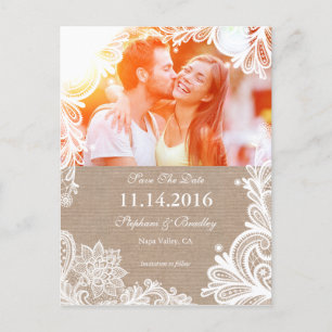 Vintage Lace and Burlap Save the Date Postcard