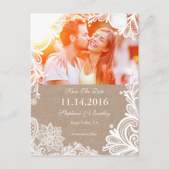 Vintage Lace and Burlap Save the Date Postcard (Front)