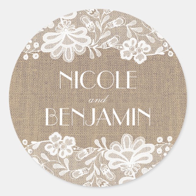 Vintage Lace and Burlap Wedding Classic Round Sticker (Front)