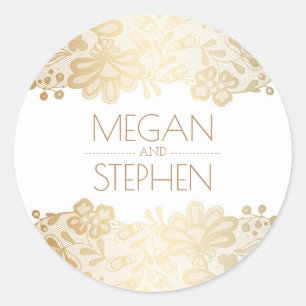 Vintage Lace and Gold and White Wedding Classic Round Sticker