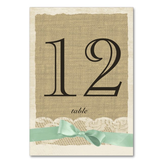 Vintage Lace and Mint Bow Table Number Card (Front)