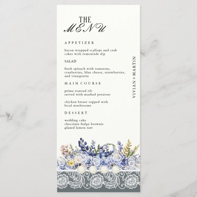 Vintage Lace And Pearls Floral Wedding Menu (Front)