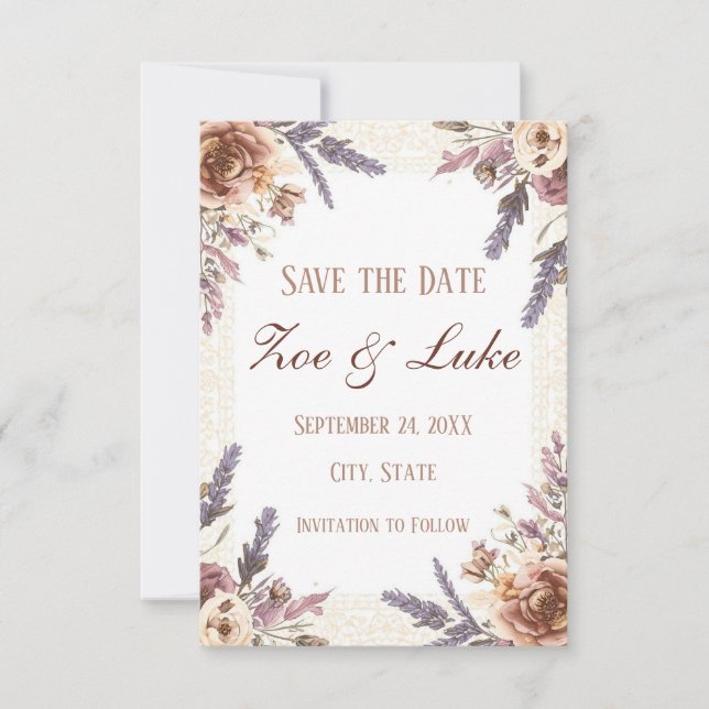 Vintage Lace and Pressed Botanical Save the Date (Front)