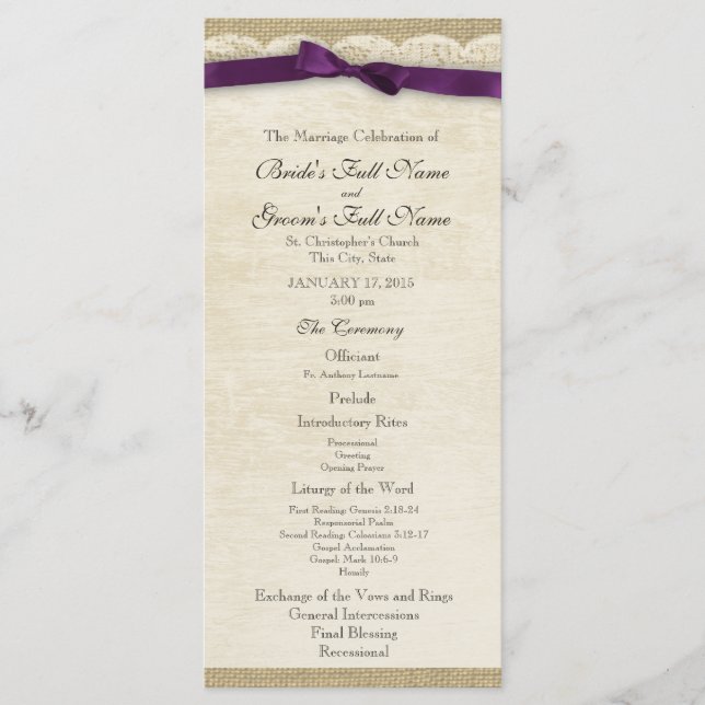 Vintage Lace and Purple Bow Wedding Program Programme (Front)