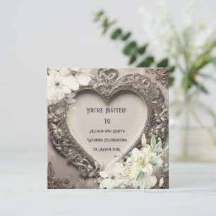 Vintage Lace and Silver Heart Wedding  Invitation