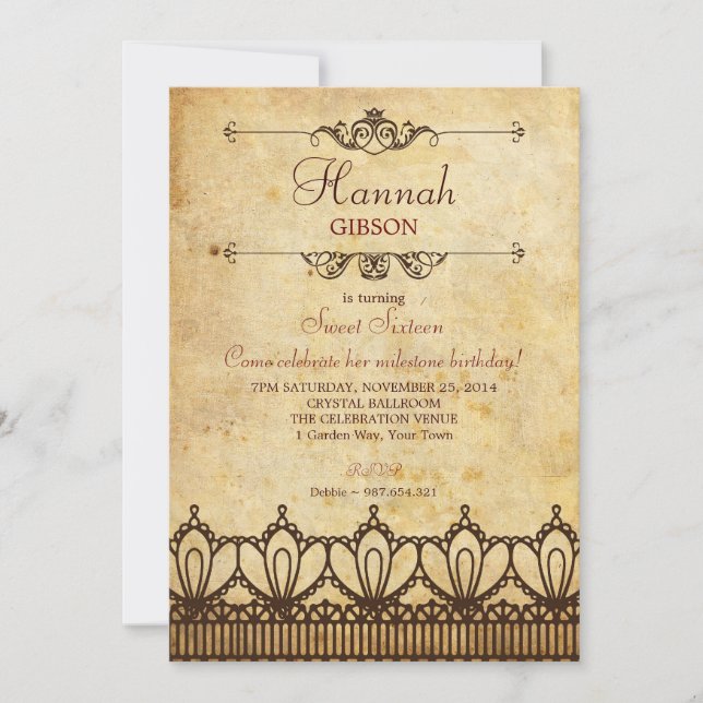 Vintage Lace (Antique Look) Sweet 16 Invitation (Front)