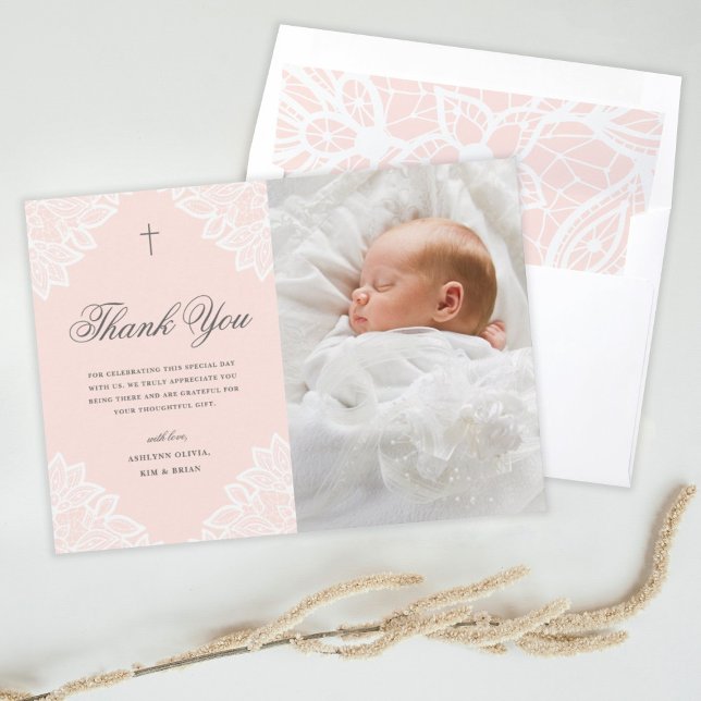 Vintage lace baptism photo thank you card (Creator Uploaded)
