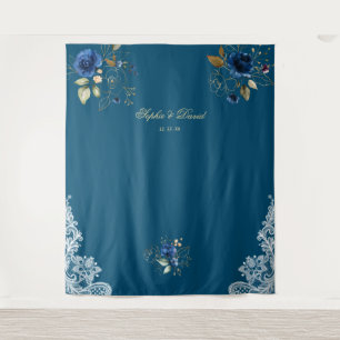 Vintage Lace Blue Floral Gold Wedding Prop Tapestry