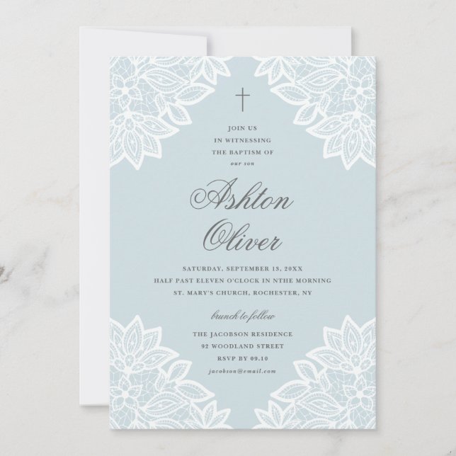 Vintage Lace Blue Religious Baptism & Christening Announcement (Front)