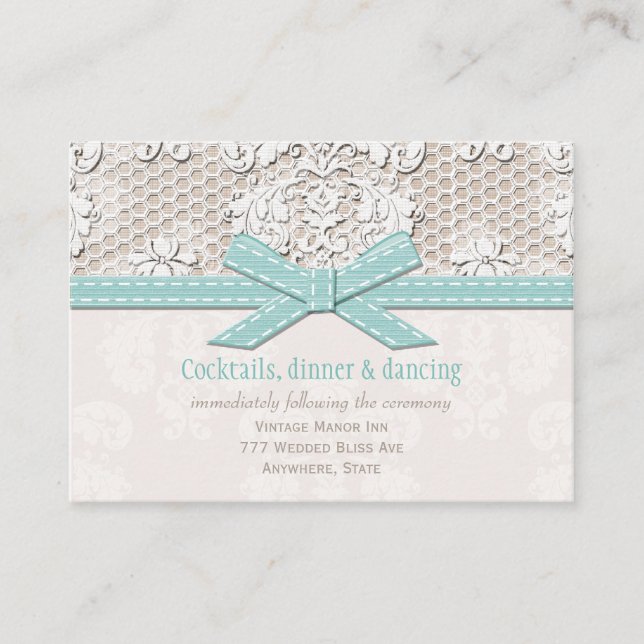 Vintage Lace Blue Wedding Reception Enclosure Card (Front)