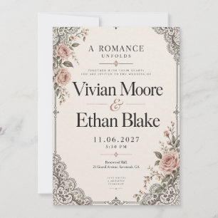 Vintage Lace Blush Rose Wedding Invitation