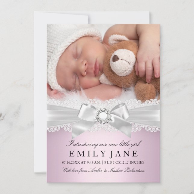 Vintage Lace & Bow Pink Photo Birth Announcement (Front)