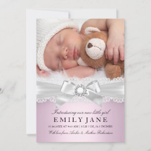 Vintage Lace & Bow Pink Photo Birth Announcement