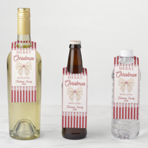 Vintage Lace Bow Retro Red Stripes Christmas Party Bottle Tag