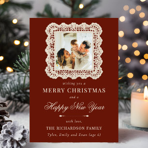 Vintage Lace Burgundy And Ivory Christmas Photo Holiday Card