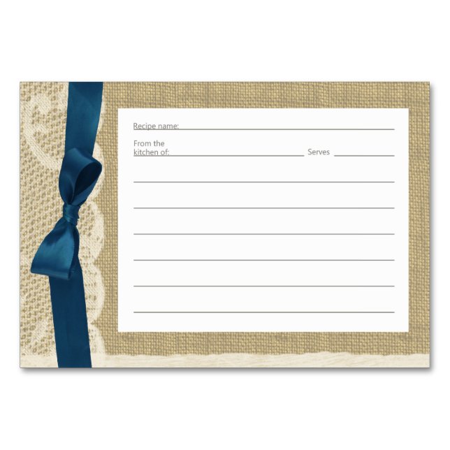 Vintage Lace Burlap and Navy Bow Recipe Cards (Front)