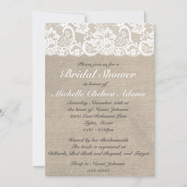 Vintage Lace Burlap Bridal Shower Invitation (Front)
